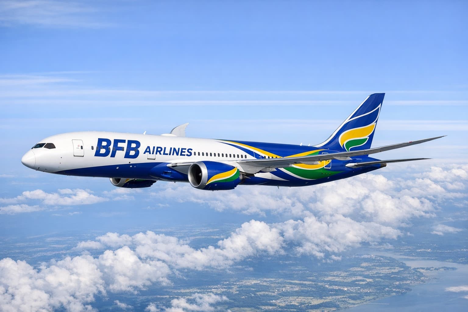 Boeing 737 da BFB Airlines em voo entre nuvens