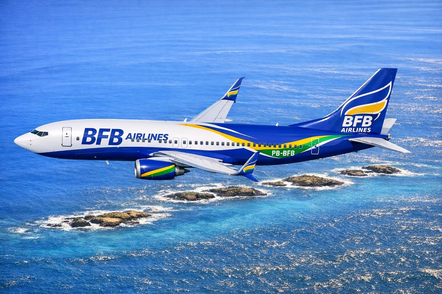Aeronave da BFB Airlines sobrevoando o mar e ilhas